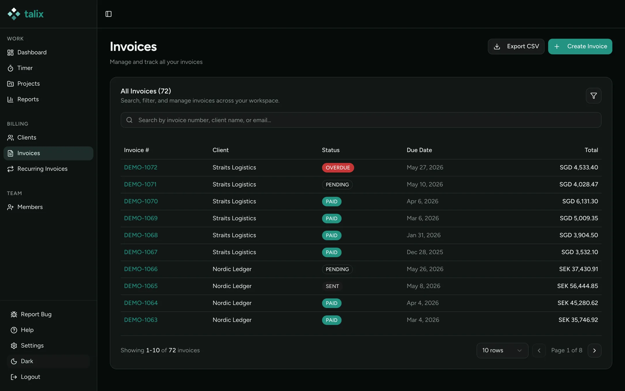 Talix invoices list with paid, pending, and overdue statuses across clients