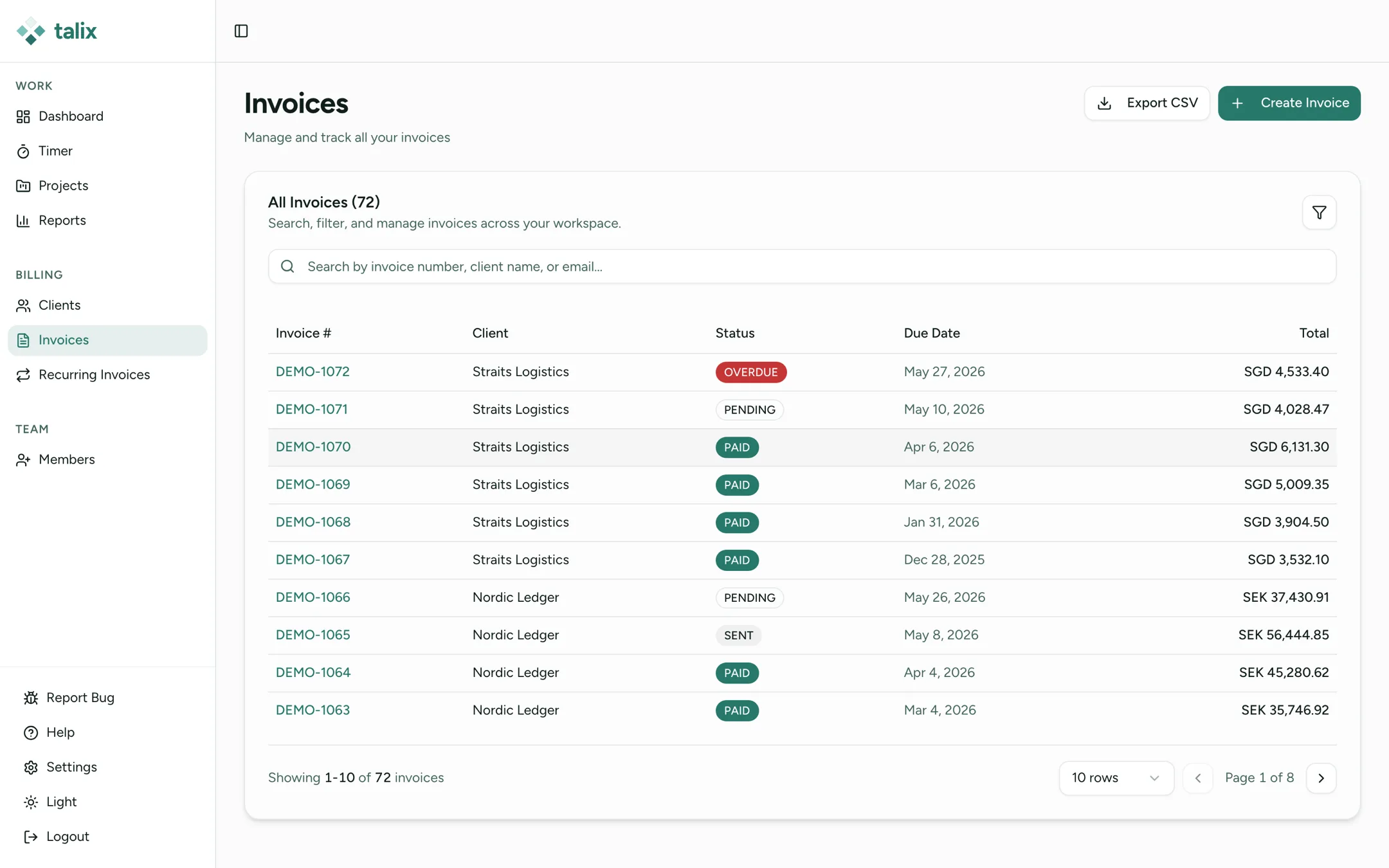 Talix invoices list with paid, pending, and overdue statuses across clients