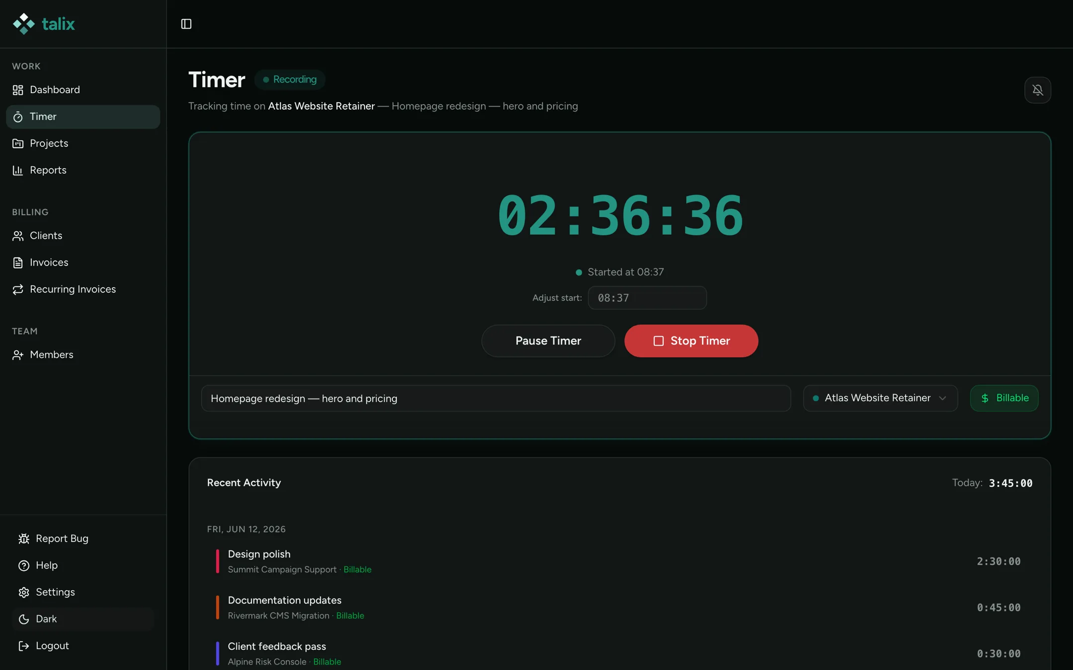 Talix timer recording two hours on a client project, with recent billable activity below