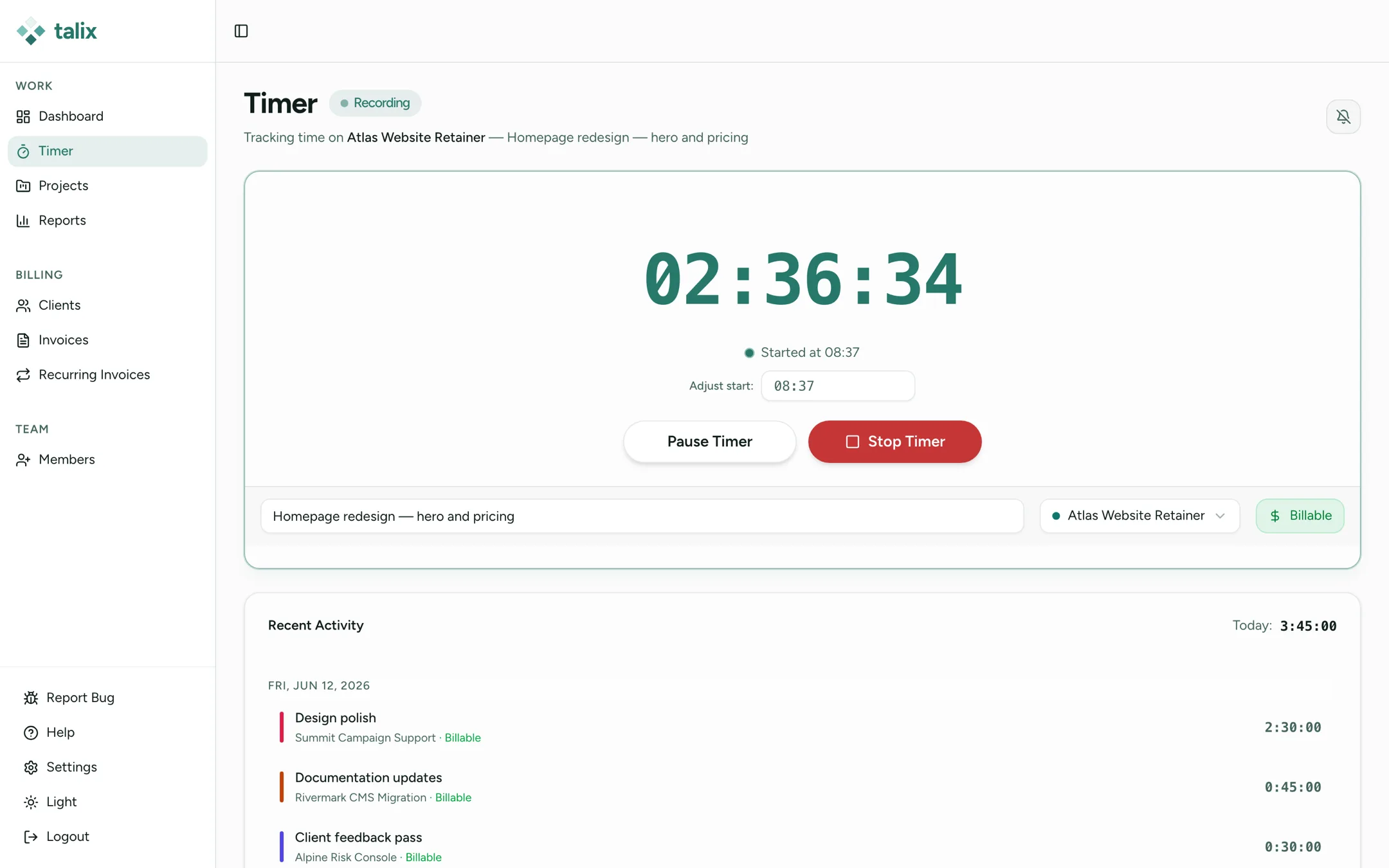 Talix timer recording two hours on a client project, with recent billable activity below